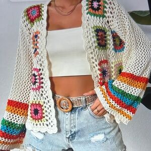 071.  Boho Crochet Open-Front Cardigan